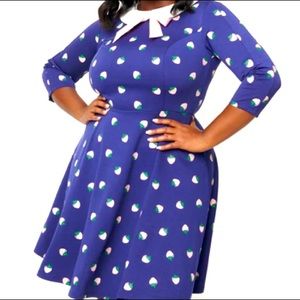 Unique Vintage Blue Flare Strawberry Dress